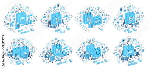 Online shop internet retail sale vector 3D illustrations set isolated on white background, shopping bags with pc mouse, store discount, black Friday concept, clearance.