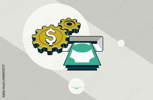 Withdrawal limit concept poster, ATM with money stack and gears vector icon style illustration, bank credit card settings.