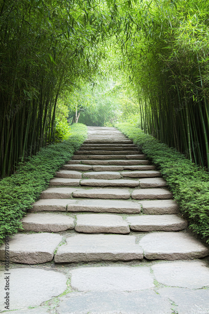 Serene Stone Path Through Bamboo Forest Serene Stone Path Through Bamboo Forest