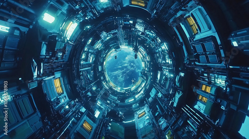 A futuristic view of a space station corridor, showcasing intricate technological details and a view of Earth through a circular window for sci-fi themes.