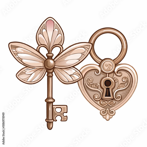 Metal fantasy victorian key with butterfly wings and heart shaped lock vector illustration (1)