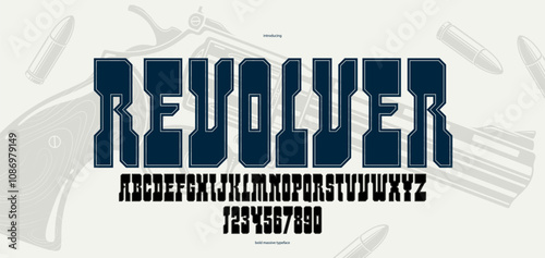 Wild west American style geometric massive and bold font for logos, western serif letters alphabet, typeface like in wanted posters.