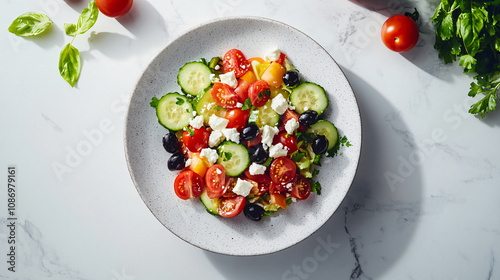 A colorful salad featuring fresh cucumbers, tomatoes, olives, and feta cheese, beautifully arranged on a round plate against a marble countertop for food photography.