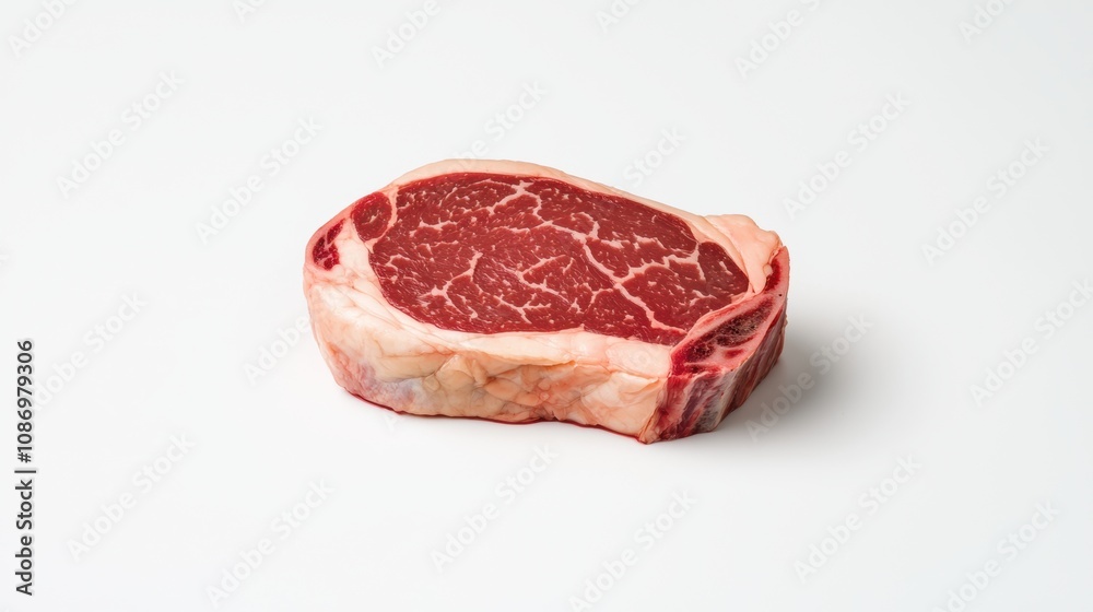 A fresh and juicy ribeye steak on a clean white background, showcasing its marbled texture and rich color. A fresh and juicy ribeye steak on a clean white background, showcasing its marbled texture and rich color.