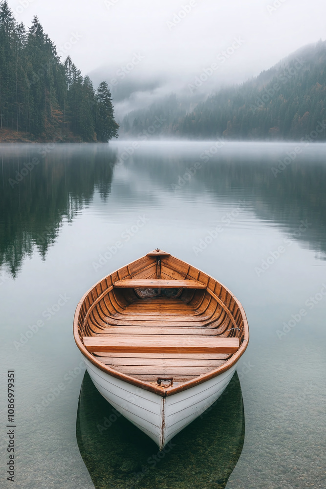 Serene Lakeside Scene with Wooden Rowboat Serene Lakeside Scene with Wooden Rowboat