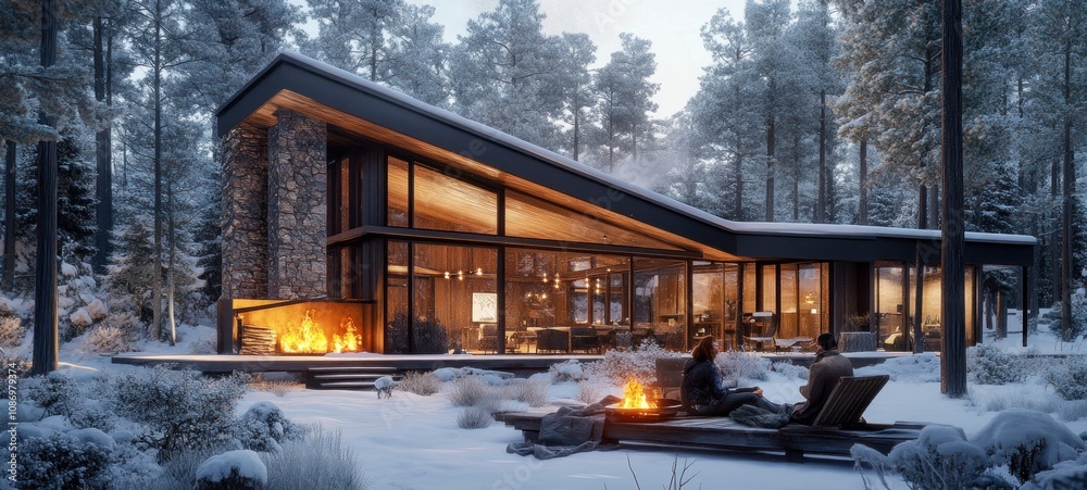 Fototapeta premium Cozy Winter Escape: Modern Cabin in Snowy Forest