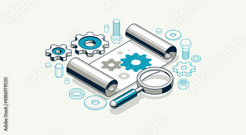 Mechanical engineering project concept, engine draft plan drawing, technical scheme blueprint, paper sheet with gears and magnifier 3D isometric vector illustration, repair tutorial.
