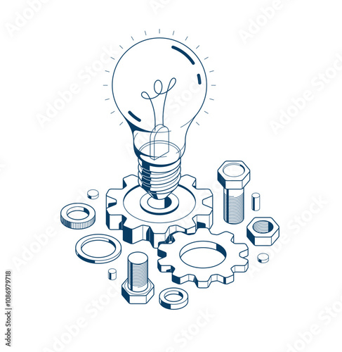 Creative idea concept, light bulb with gear vector 3D isometric icon or illustration, innovation and solution, technology and technics, research and knowledge.