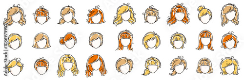 Woman hairstyles heads vector illustrations set isolated on white background, girl attractive beautiful haircuts collection, different hair color.