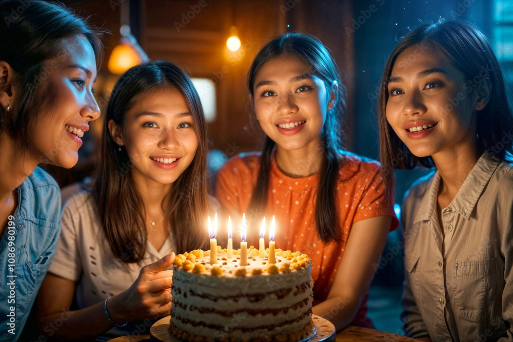 Four Asian women are smiling and holding a cake with candles on it. The candles are lit, and the women are celebrating a birthday Four Asian women are smiling and holding a cake with candles on it. The candles are lit, and the women are celebrating a birthday
