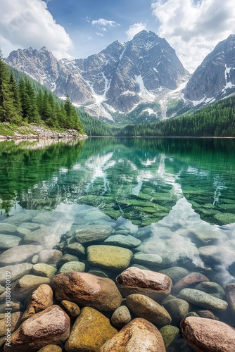 Serene Mountain Lake with Crystal Clear Water photo