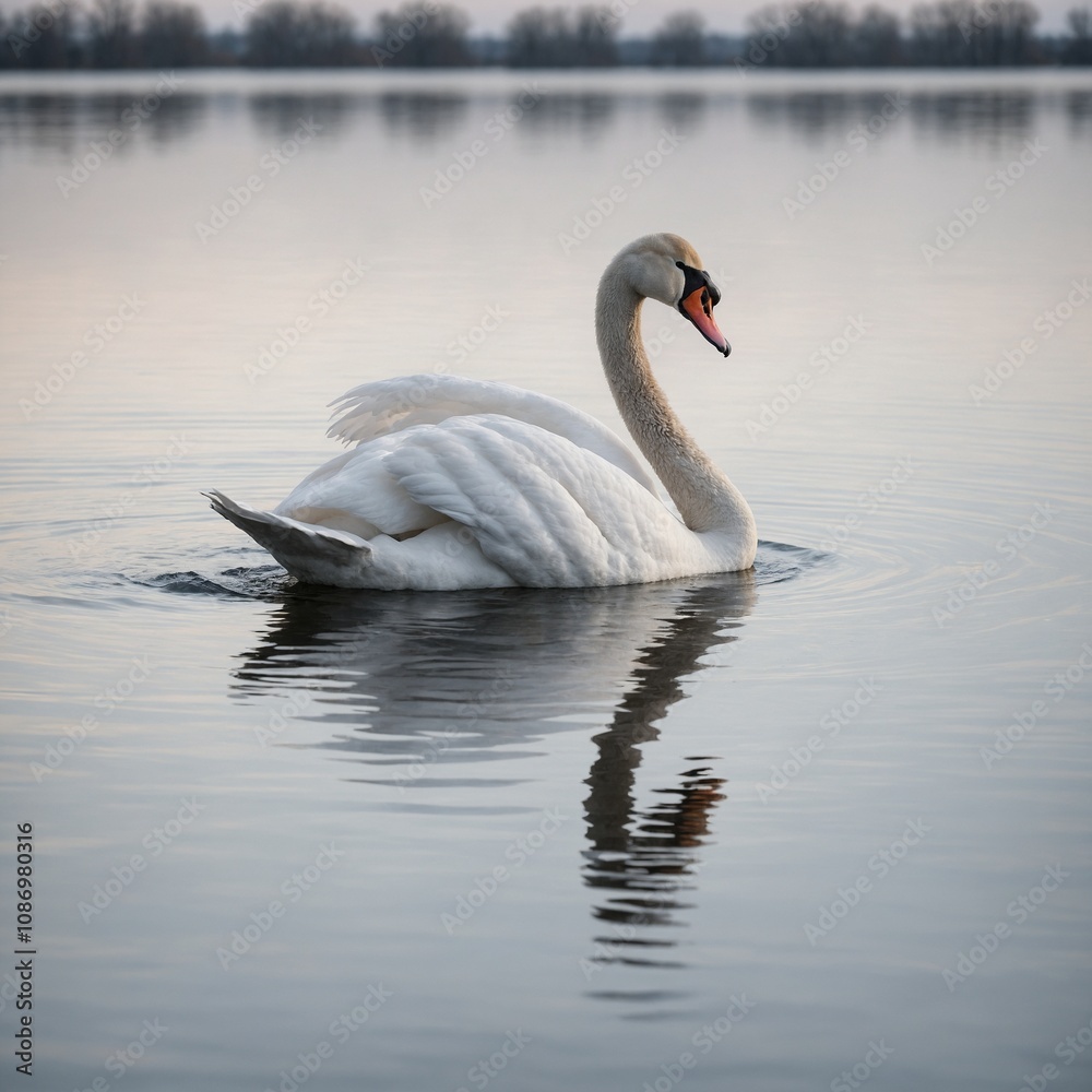 Naklejka premium A graceful swan floating on a calm lake with a white background.