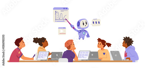 Artificial intelligence in school education concept flat vector illustration isolated on white. Multiracial school children with laptops listening to Ai bot explaining some information.