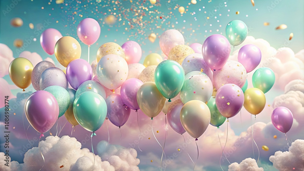 Pastel Balloons Ascending Through a Dreamy Cloud Landscape with Sparkling Confetti Pastel Balloons Ascending Through a Dreamy Cloud Landscape with Sparkling Confetti
