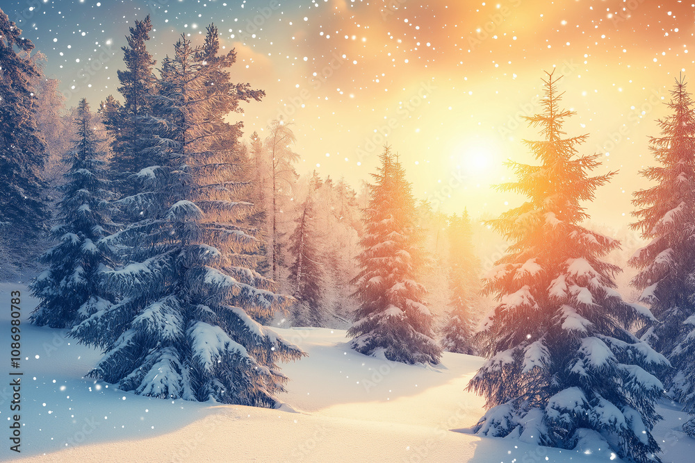 Snow landscape at sunset frozen pine trees covered Snow landscape at sunset frozen pine trees covered