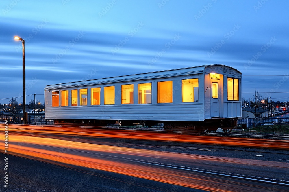 Fototapeta premium Illuminated Train Car Against a Twilight Sky with Motion Blur