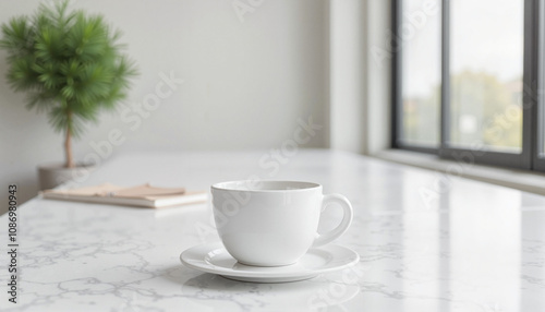 White coffee cup on marble table near window