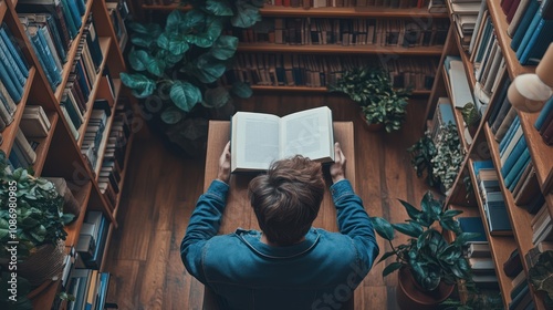 Close-up a man reading blank book on table in library, top view