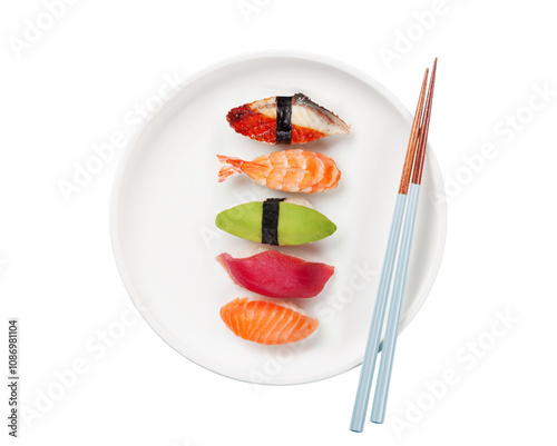 Table with empty plate and chopsticks, epitomizing Japanese food culture photo