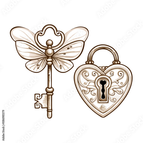 Metal fantasy victorian key with butterfly wings and heart shaped lock vector illustration (14)