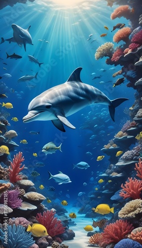 Photo a cartoon scene of a tropical sea with a dolphin and fish