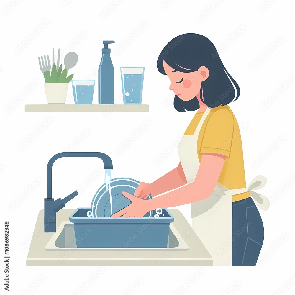 Woman Washing Dishes - Flat Style Illustration on White Background Woman Washing Dishes - Flat Style Illustration on White Background