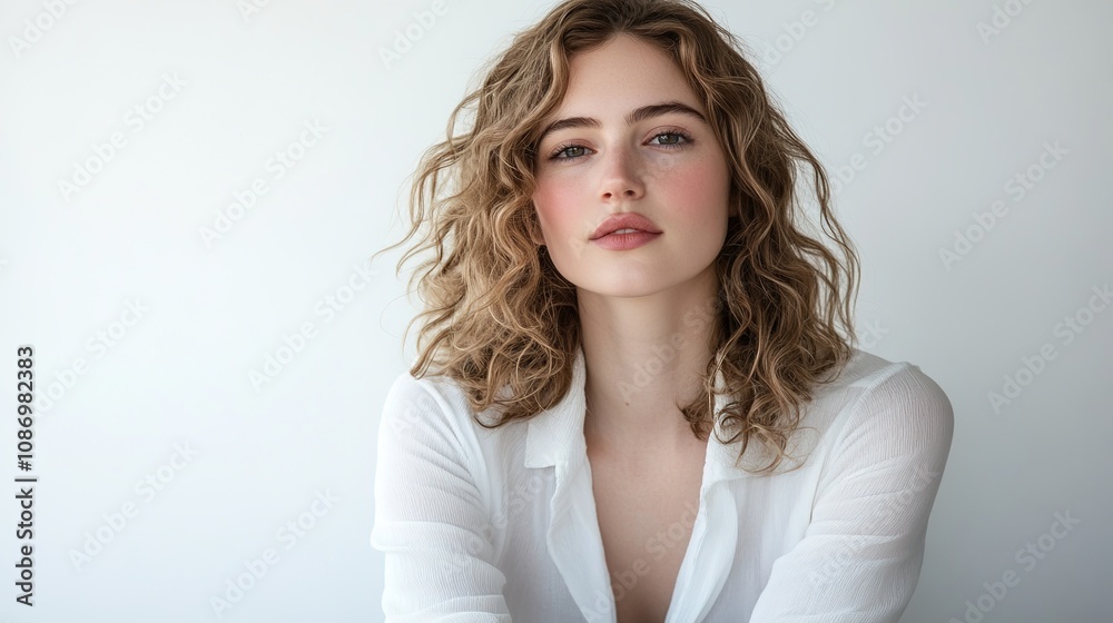 Young woman with curly hair poses elegantly in a white blouse against a minimalist background, conveying a sense of style, beauty, and confidence for diverse lifestyle imagery.