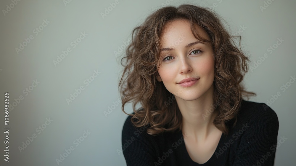 Smiling young woman with curly hair looking confidently at the camera against a soft grey background, exuding warmth and approachability in a natural light atmosphere Smiling young woman with curly hair looking confidently at the camera against a soft grey background, exuding warmth and approachability in a natural light atmosphere