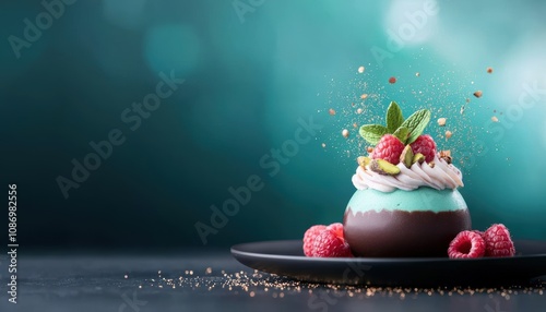 Delicious mint chocolate dessert topped with fresh raspberries and whipped cream, elegantly presented on a dark plate. photo