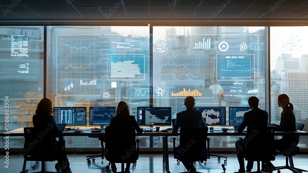 Silhouetted business professionals collaborating in a modern digital conference room near the window Silhouetted business professionals collaborating in a modern digital conference room near the window