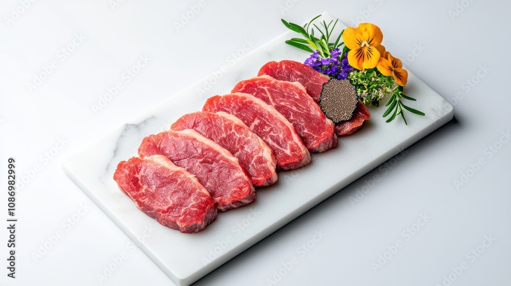Freshly sliced premium meat arranged beautifully on a plate, garnished with herbs and edible flowers for an exquisite presentation.