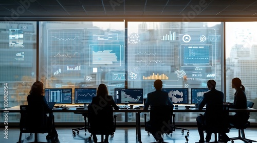 Silhouetted business professionals collaborating in a modern digital conference room near the window