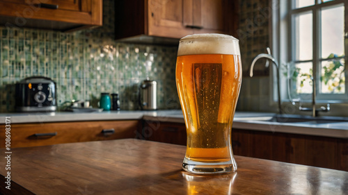 A glass of beer on a kitchen counter photo