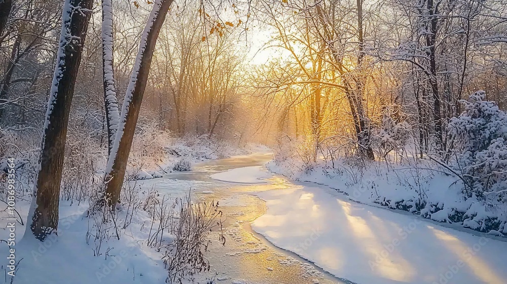 Serene Winter Sunset Over a Snowy Riverbank Serene Winter Sunset Over a Snowy Riverbank