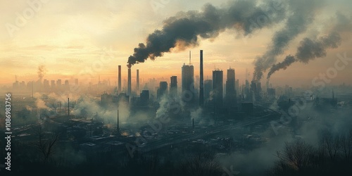 Industrial Cityscape with Smoke Plumes at Dawn photo