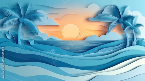 Sea landscape with beach, waves, palm clouds. Paper cut out digital craft style. abstract blue sea and beach summer background with paper waves and seacoast. Vector illustration