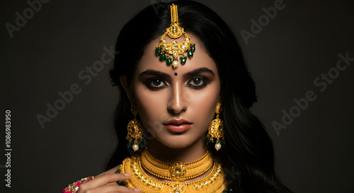 Portrait of a beautiful young woman wearing a stunning kundan jewelry set, highlighting her elegance and traditional charm. Perfect for bridal or cultural themes.

 photo