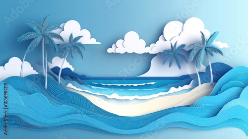 Sea landscape with beach, waves, palm clouds. Paper cut out digital craft style. abstract blue sea and beach summer background with paper waves and seacoast. Vector illustration