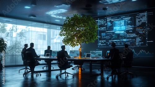 Futuristic executive boardroom with holographic data visualizations illuminated global tech networks and a silhouetted team of business leaders brainstorming innovative strategies