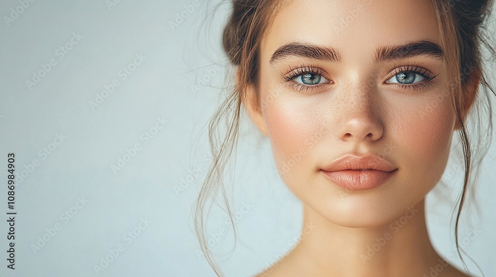 Portrait of a Young Woman with Natural Makeup and Beautiful Eyes, Featuring Smooth Skin and Soft Expression Against a Neutral Background Portrait of a Young Woman with Natural Makeup and Beautiful Eyes, Featuring Smooth Skin and Soft Expression Against a Neutral Background