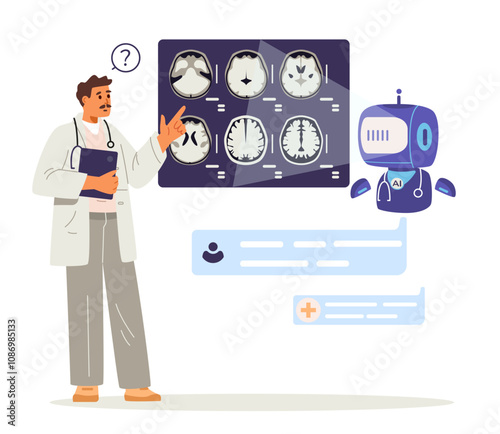 Artificial intelligence in medicine concept flat vector illustration isolated on white. Medical worker using AI for brain MRI scan analysis.