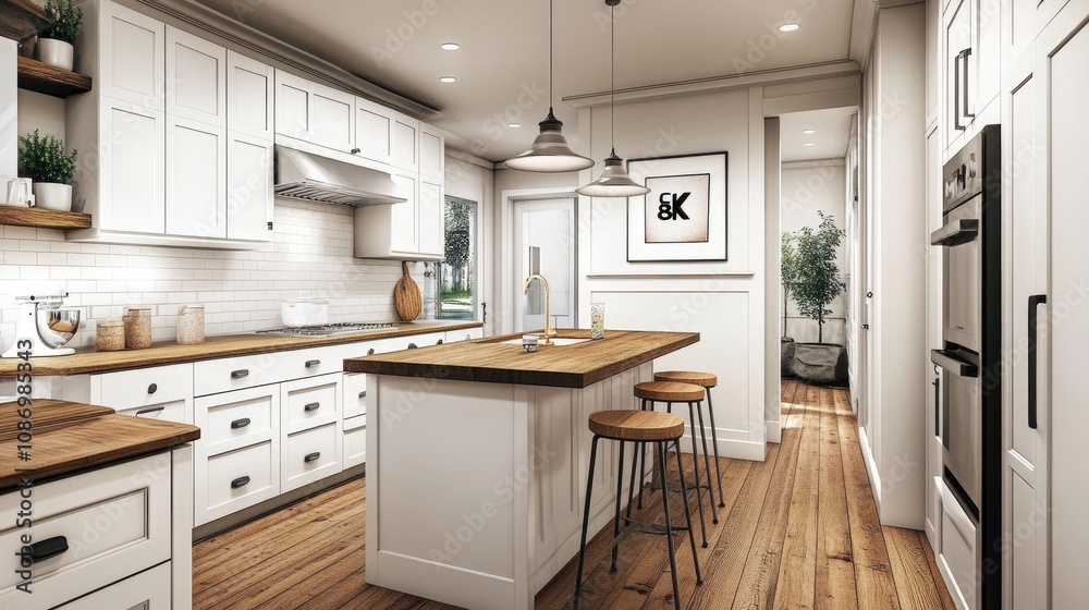 Modern Farmhouse Kitchen with White Cabinets and Wooden Island