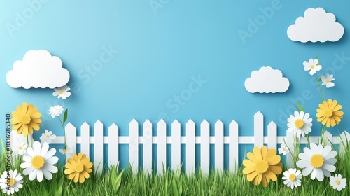Wooden white fence, flowers and grass. Vector illustration. Sumer banner poster template, place for text. Paper cut clouds in blue spring sky