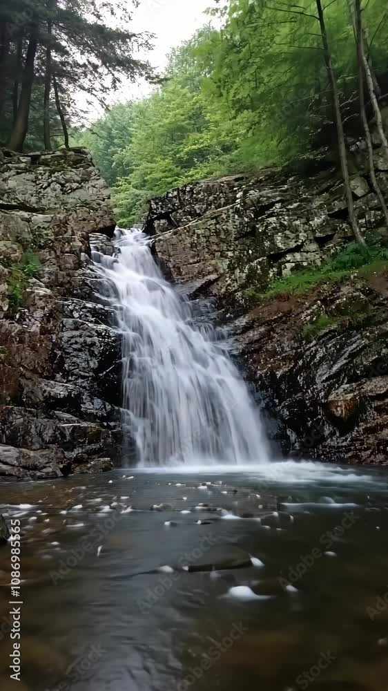 Water tumbles over dark rocks, forming a beautiful waterfall within a verdant forest Water tumbles over dark rocks, forming a beautiful waterfall within a verdant forest