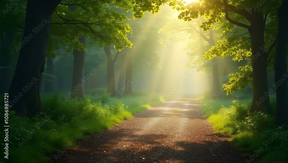 Obraz premium Sunlight streaming through trees on a forest path, symbolizing nature's beauty for International Earth Day 