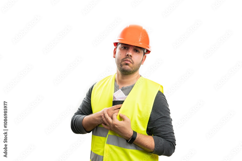 Trades workman hiding money wallet in vest Trades workman hiding money wallet in vest