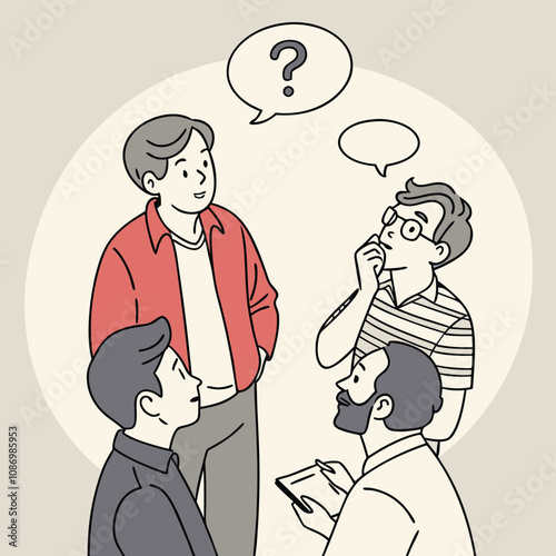 Vector Illustration of People Asking Questions to Each Other – Colorful Minimalist Art Featuring Speech Bubbles, Casual Discussion, and Communication Theme for Educational or Collaborative Use