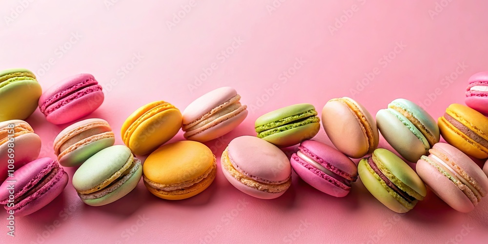 A delightful arrangement of colorful almond meringue cookies on a pink background