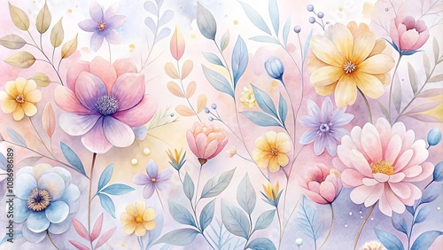 Pastel Floral Watercolor Garden Featuring Delicate Blooms and Soft Hues