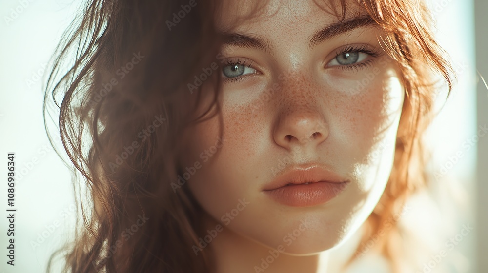 Naklejka premium Close-Up Portrait of a Young Woman with Freckles and Natural Beauty, Soft Light Creating a Dreamy Atmosphere, Capturing Emotion and Expression